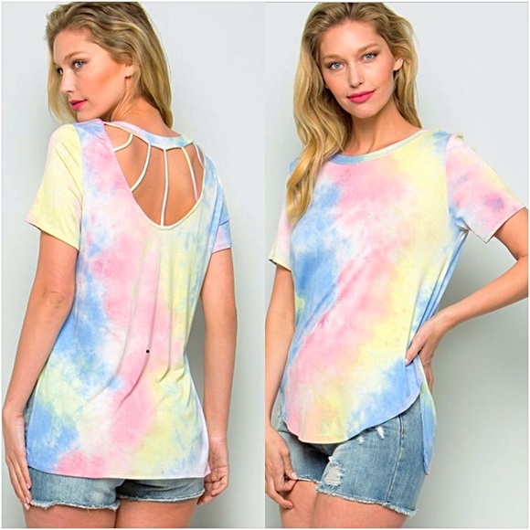 Flirty Tie Dye Cage Back Tee Top SML - Picture 3 of 6